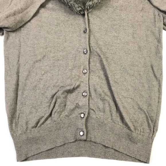 Ann Taylor Faux Fur Trim Cardigan Gray Button Sweater Long Sleeve PM Petites - Picture 2 of 11